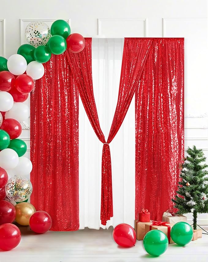 Eternal Beauty Red Sequin Backdrop Curtains, Shimmer Back Drop 4Panels-2FTx8FT - Image 2