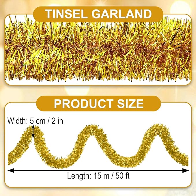 50 Feet Gold Christmas Tinsel Garland, Metallic Foil Twist Garland Wall Hanging - Image 2