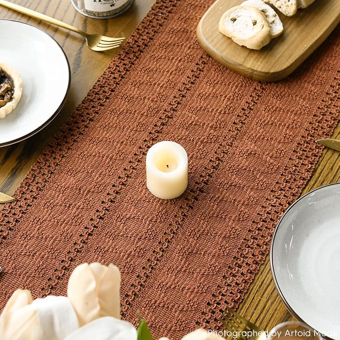 Artoid Mode Caramel Farmhouse Woven Rustic Hollow Table Runner, Seasonal - Image 4