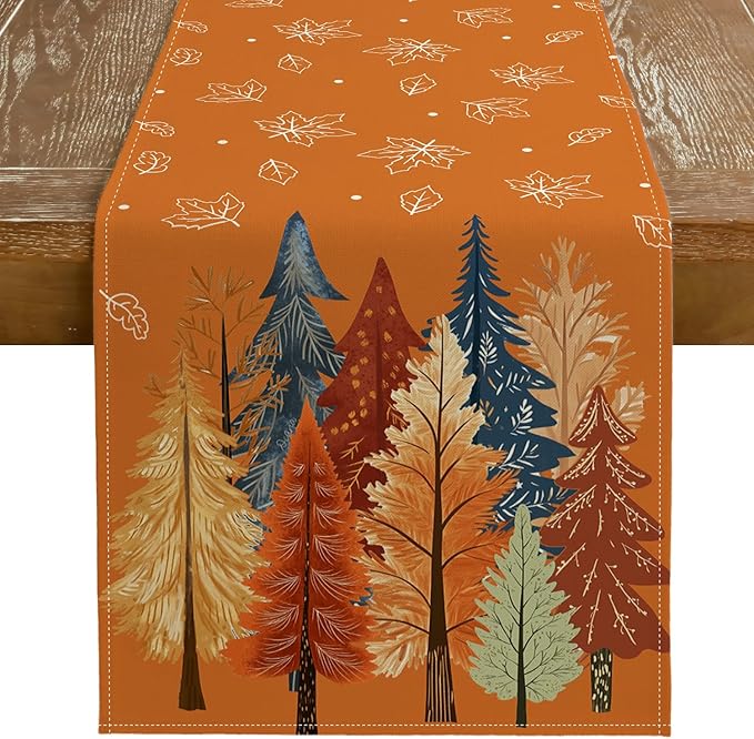 GEEORY Fall Watercolor Tree & Maple Leaves Table Runner 13x36 Inch, Rustic by GEEORY