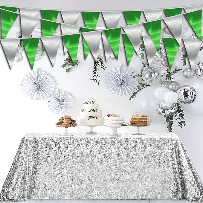 20M/65FT Green Silver Triangle Pennant Banner Flag Metallic Fabric Bunting - Image 5