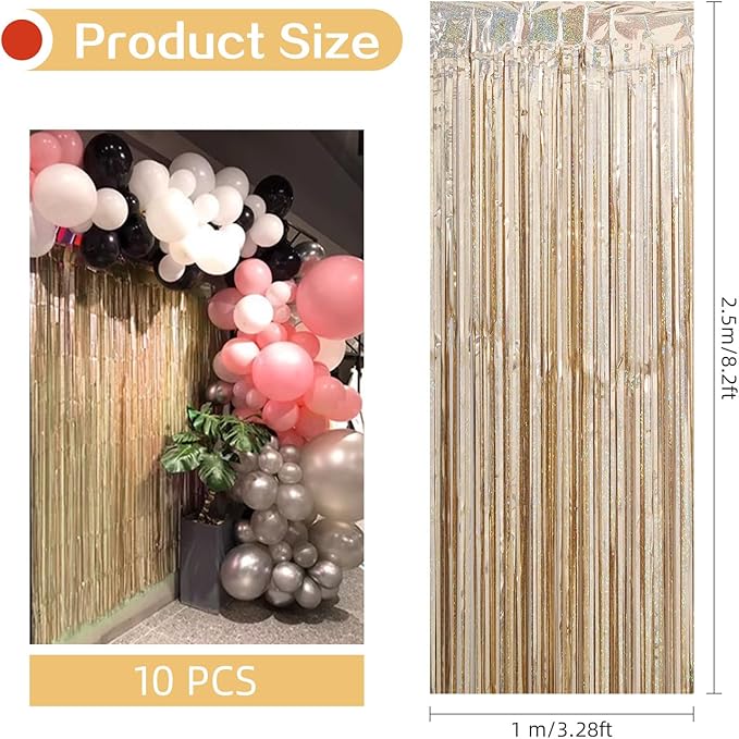 10 Pack Champagne Gold Backdrop Curtain 3.2ft x 8.2ft Metallic Tinsel Foil - Image 3