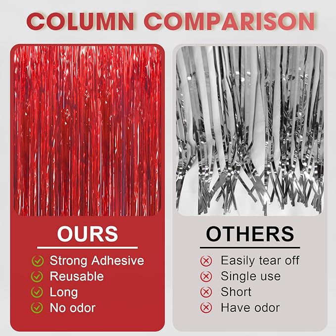 3 Pack 3.3 x 6.6 ft Red Foil Fringe Backdrop Curtains, Tinsel Streamers Party - Image 5