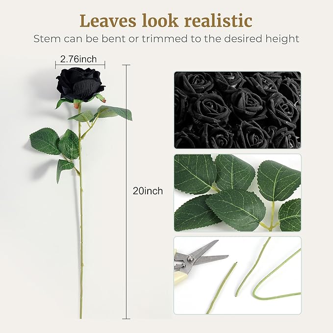 Auihiay 60PCS Black Fake Roses, Velvet Silk Artificial Roses, Realistic Roses - Image 4