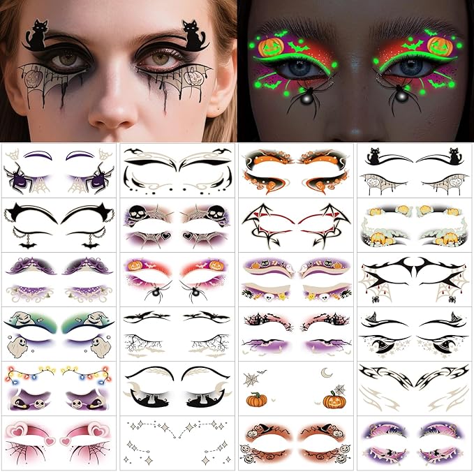 24 Pairs Halloween Luminous Eye Shadow Temporary Tattoos, Eyeliner Tattoo - Image 2