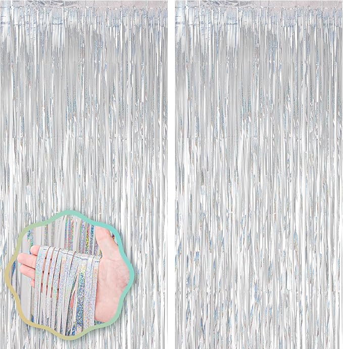 2 Pack Laser Silver Foil Fringe Backdrop Curtains, Tinsel Streamers Birthday by Voircoloria