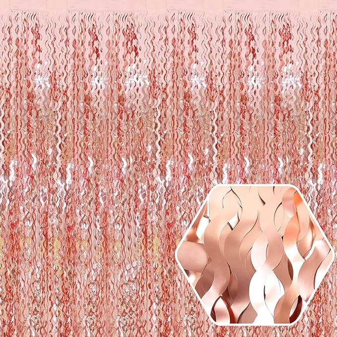 4 Pack Rose Gold Wave Foil Fringe Curtain Backdrop, 3.28Ft x 8.2Ft Metallic by Ferwzsr