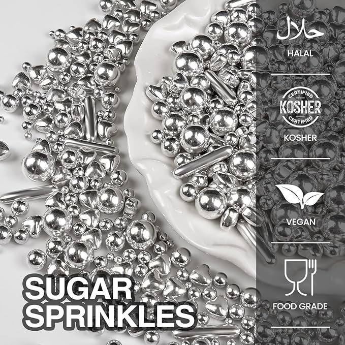 Silver Pearl Rods Heart Sprinkles, Baking Sugar, Mix Size, Cupcake Decoration - Image 4
