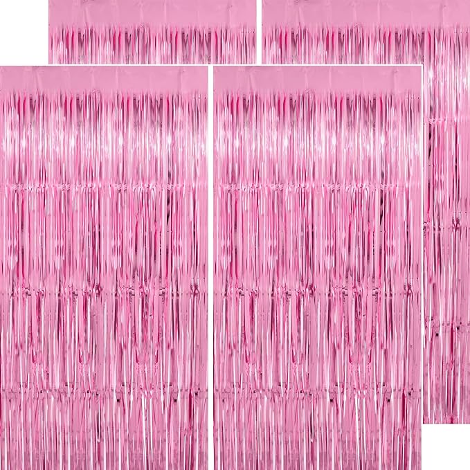 Pink Streamers - Thicken 4 Pack 3.2 x 8.2 FT - Pink Tinsel Foil Fringe Curtains by PatiCool