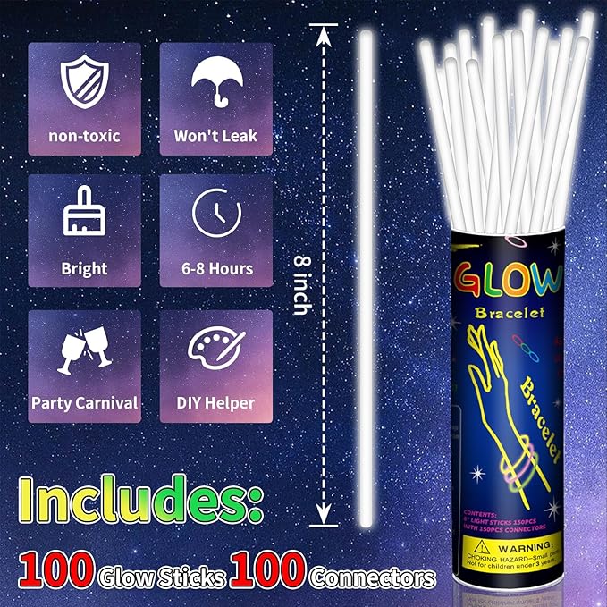 100 Pack 8” White Glow Sticks Bulk - Image 2