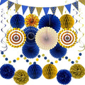 Blue Gold Party Decorations Paper Fans, Graduation Season Hanging Glitter by YIOTJUNL