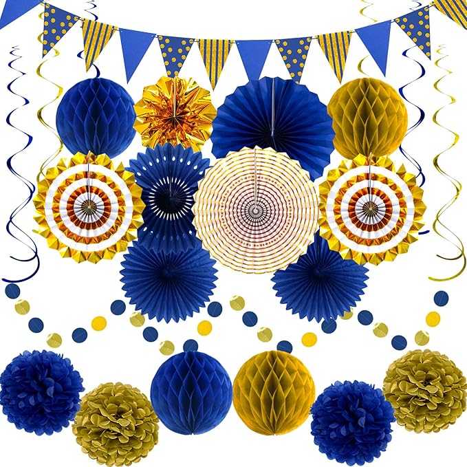 Blue Gold Party Decorations Paper Fans, Graduation Season Hanging Glitter by YIOTJUNL