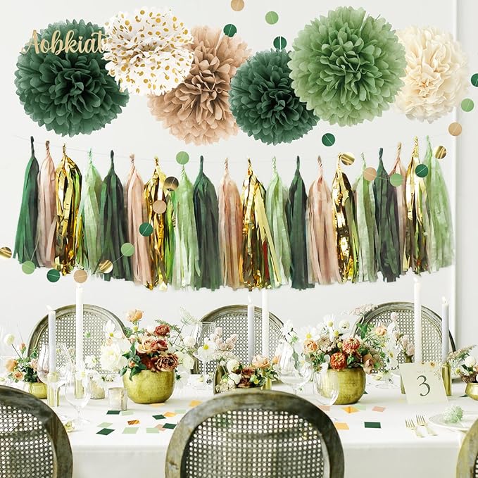 AOBKIAT Sage Green Wedding Party Decorations, Circle Dots Garland Paper Tassels - Image 6