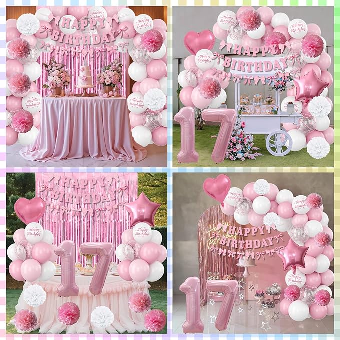 17th Birthday Decorations for Girls Pink Number 17 Balloon Bow Coquette Happy - Image 6