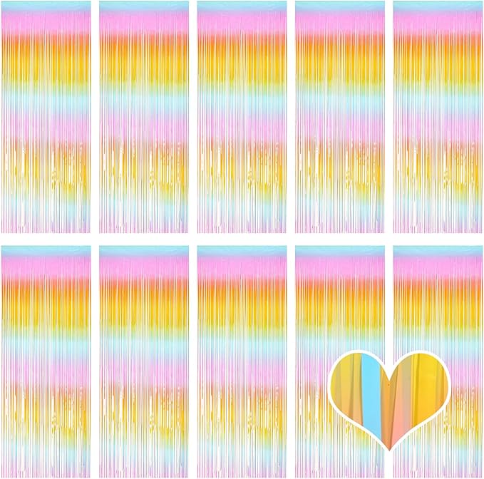 10 Pack Easter Foil Fringe Curtains 3.2ft x 8.2ft Rainbow Backdrop Curtains by Ohiyoo