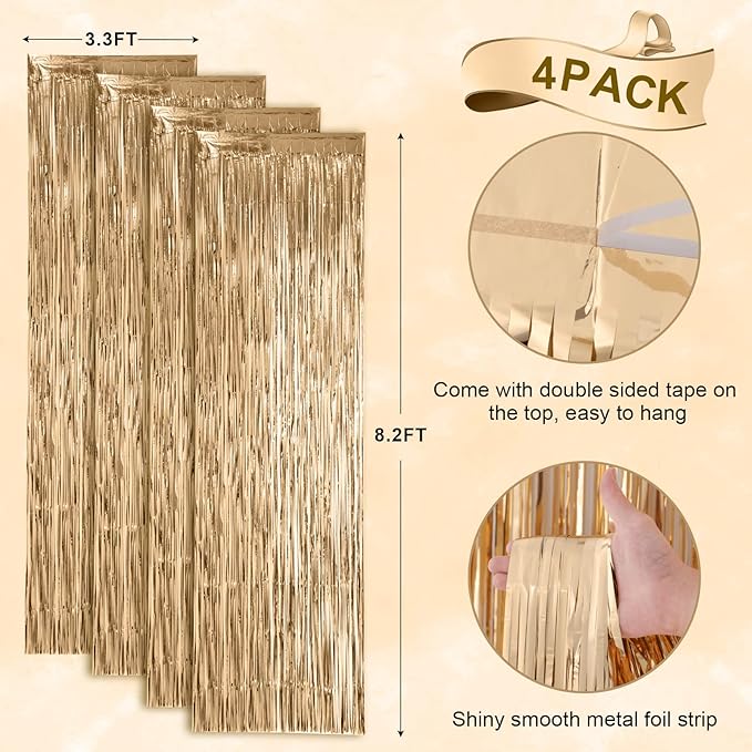 4 Pack Champagne Foil Fringe Backdrop Curtains, Tinsel Streamers Birthday Party - Image 3