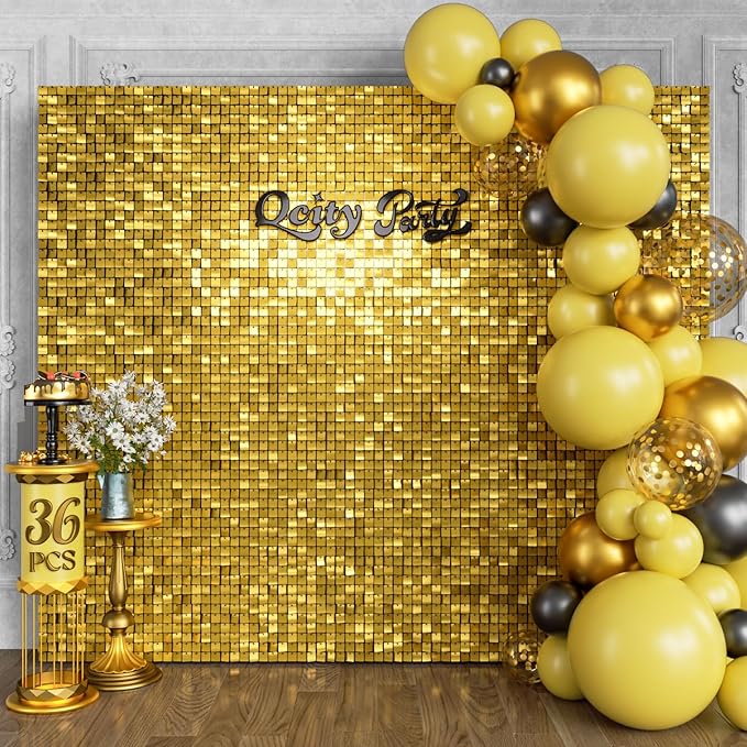 Qcity Gold Shimmer Wall Backdrop 36PCS, Square Sequin Glitter Backdrop Panel by QCITY