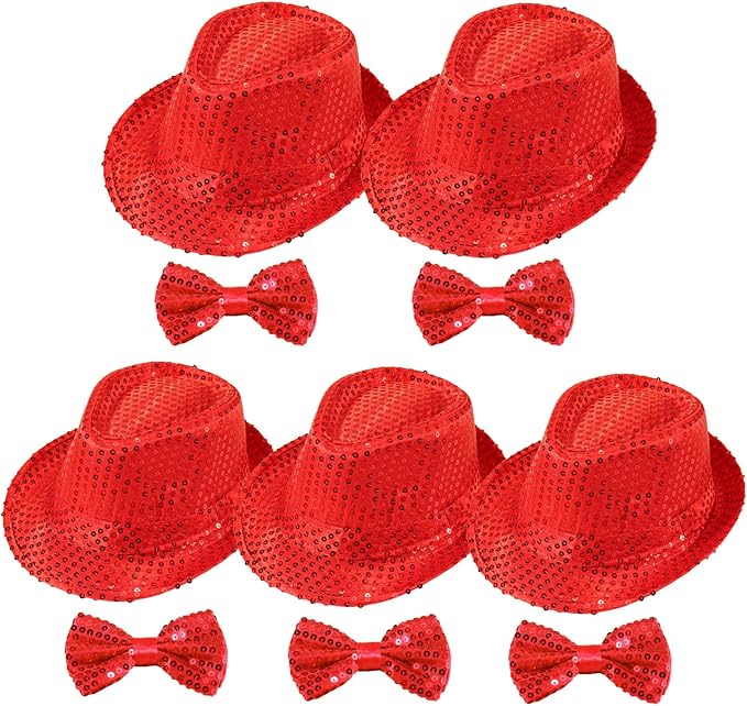 10 Pcs Unisex Sequin Fedora Hat Sequin Bow Ties Set Bling Retro Dance Jazz Cap by Elfcool