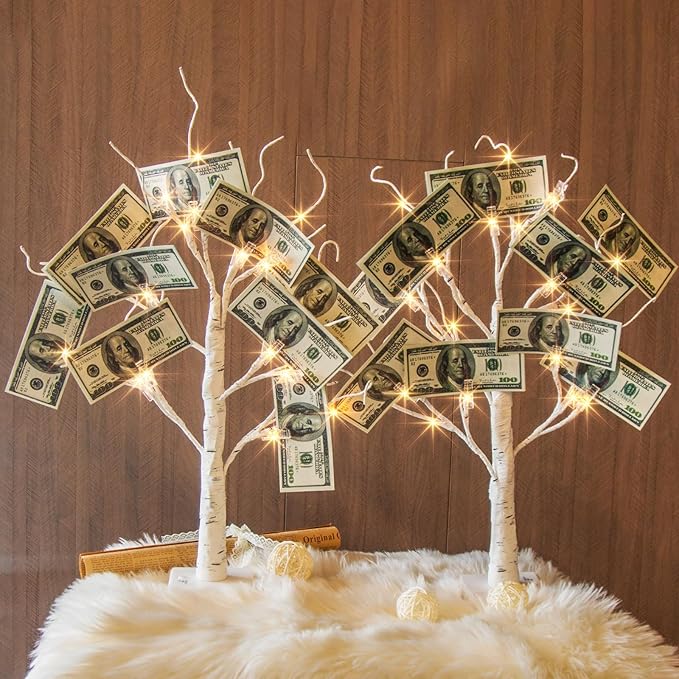 EAMBRITE Money Tree Gift Holder, Gift Card Tree 2FT 24LED, Lighted Birch Trees by EAMBRITE