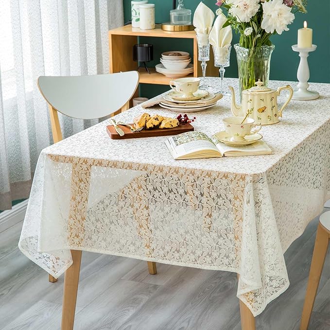 Lace Tablecloth Leaf Pattern Warp Knitting Fabric Solid White Rectangle/Oblong - Image 3