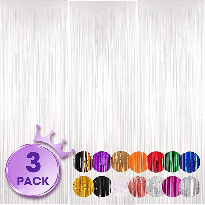 3 Pack 3.3x8.2 Feet White Foil Fringe Backdrop Curtains, Tinsel Streamers by Voircoloria
