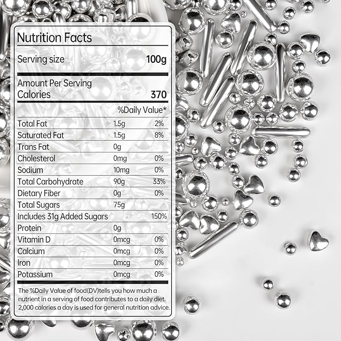 Silver Pearl Rods Heart Sprinkles, Baking Sugar, Mix Size, Cupcake Decoration - Image 2
