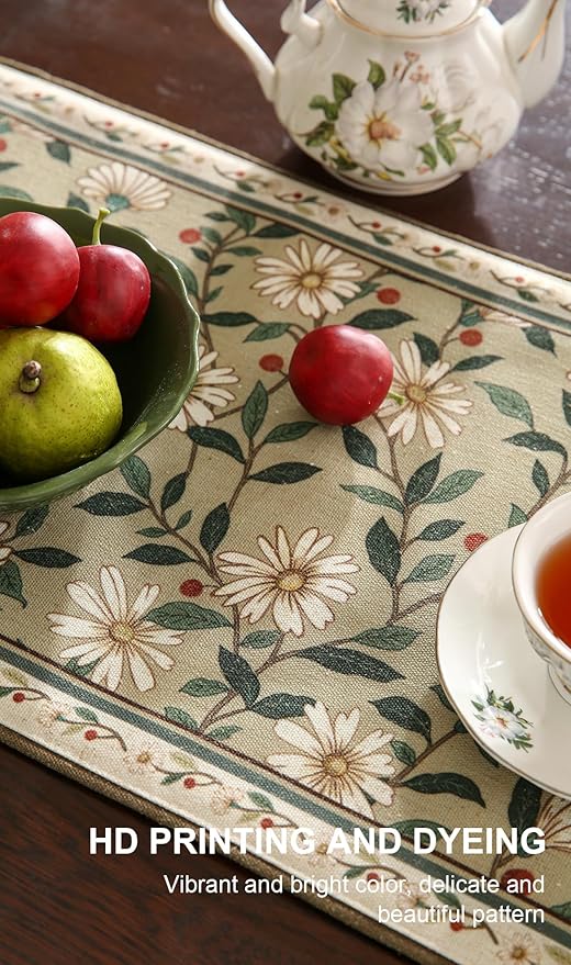 ISAENNE Designer Green Elegant Linen Table Runner 71 Inches Long, Flower and - Image 4