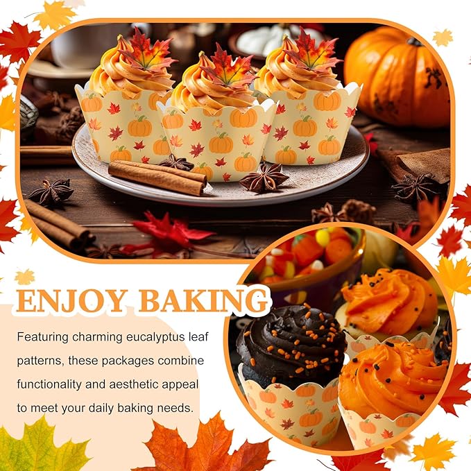 Domensi 100 Pcs Fall Pumpkin Maple Leaf Cupcake Wrappers Rustic Cupcake Liners - Image 2