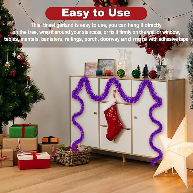 50 Feet Purple Christmas Tinsel Garland, Metallic Foil Twist Garland Wall - Image 5