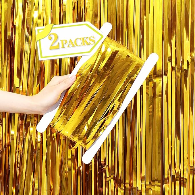 Metallic Gold Tinsel Foil Fringe Curtains Backdrop by VHUWE