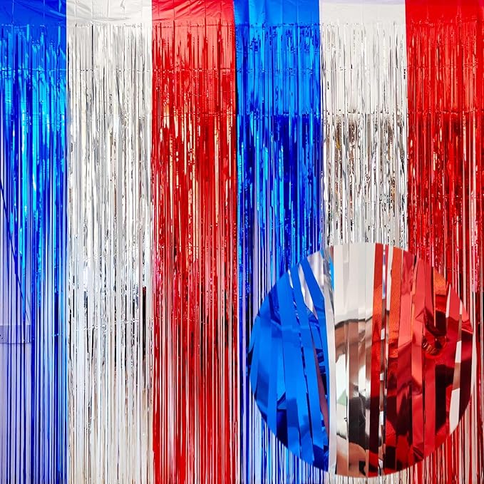 4th of July Decorations- 4 Pack of 3.2x8.2ft Red Silver Blue Tinsel Foil Fringe by EUFARS