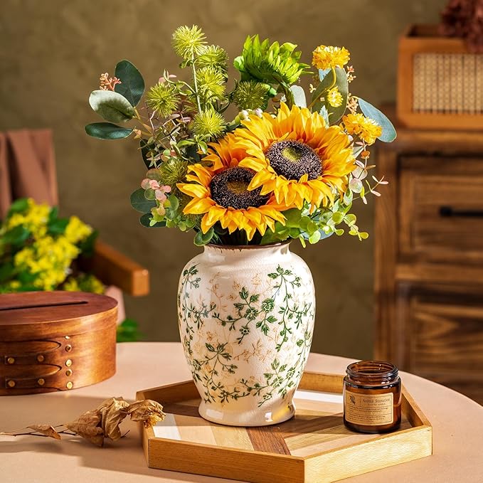 Vintage Green and Beige Vase, Round Ceramic Floral Vases, Retro Ice Cracked - Image 6