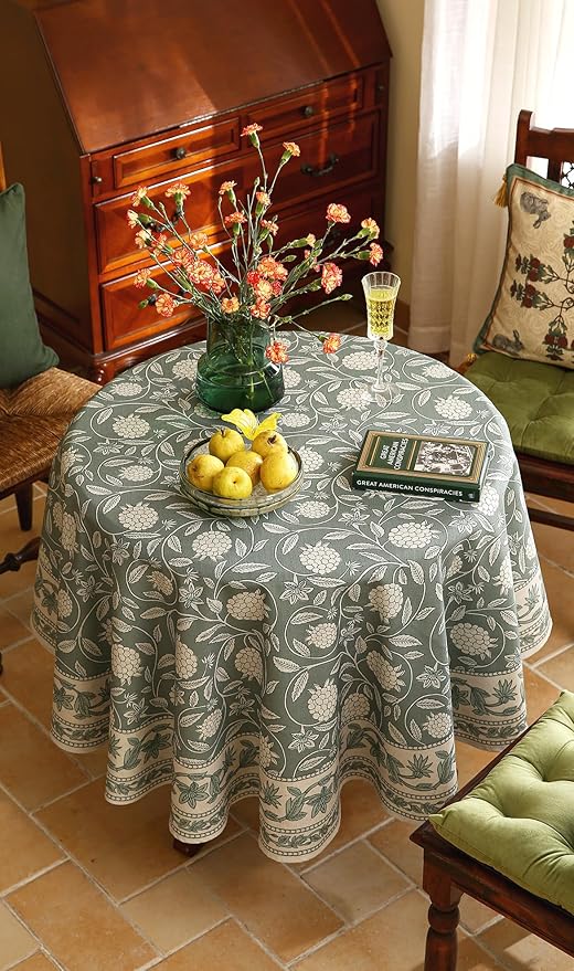 ISAENNE Designer Grayish Green Linen Round Tablecloth, Floral Elegant Stain - Image 6