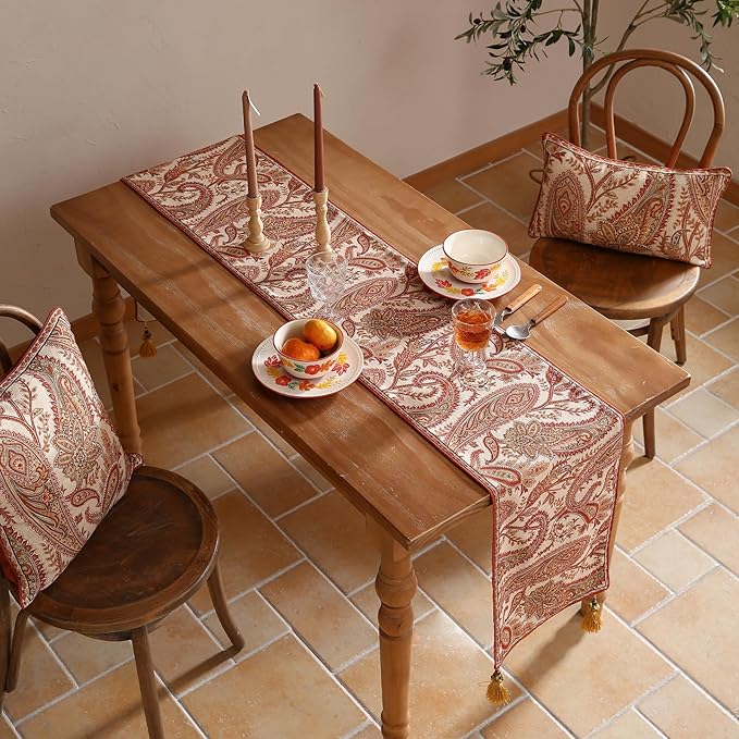 ISAENNE Designer Elegant Red Linen Extra Long Table Runner 118 Inches, Vintage - Image 6