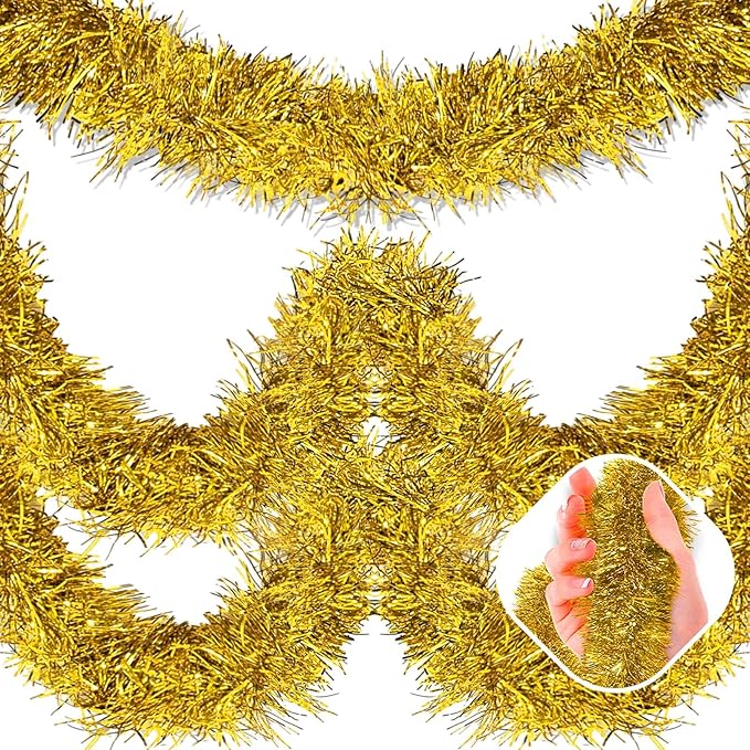 25 Feet Gold Christmas Tinsel Garland, Metallic Foil Twist Garland Wall Hanging by AIKENLIN