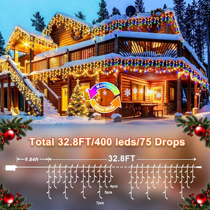 KNONEW Christmas Lights Outdoor Color Changing 400 LED 33ft 11 Modes Curtain - Image 5