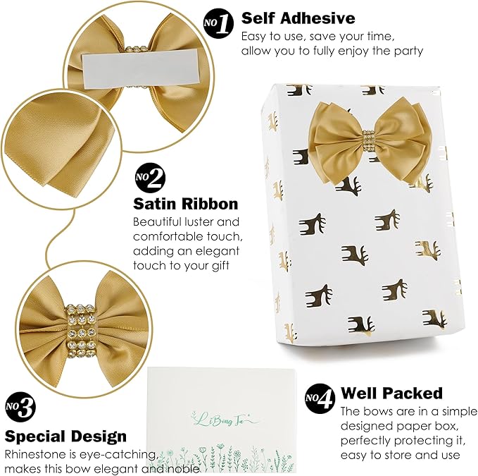 Gold Bows 4'' Premade Satin Ribbon Bow, Gift Bows - Image 3