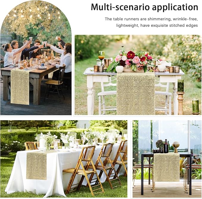 10 Packs 12 x 72 inches Sequin Table Runner, Champagne Glitter Table Runner - Image 7