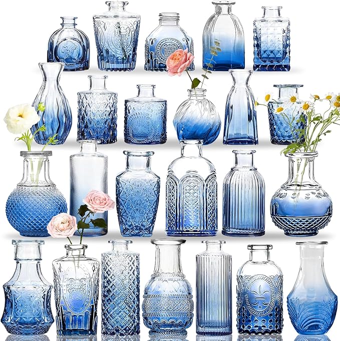 Bud Vases Set of 24, Gradient Blue Vintage Small Vases by Unknown