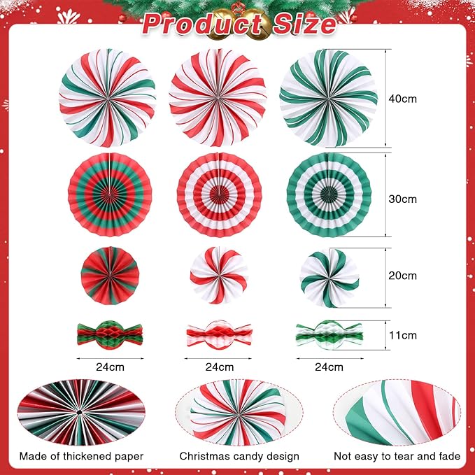 12 PCS Candy Hanging Paper Fans Christmas Candy Decorations Red Green White - Image 2