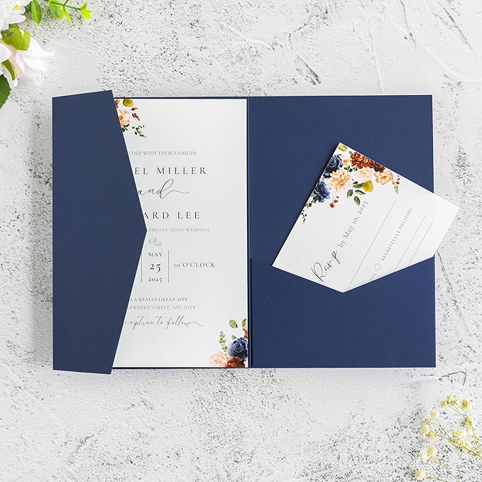 20 PCS Navy Blue Tri-fold Laser Cut Wedding Invitation Pockets by FEIYI