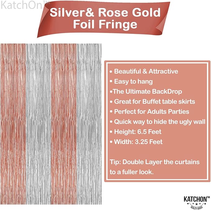 KatchOn, Large Silver and Rose Gold Fringe Backdrop, Unicorn Party Decorations - Image 3