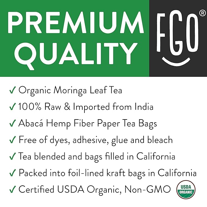 FGO Organic Moringa Tea, Eco-Conscious Tea Bags, Resealable Bag, Caffeine Free - Image 4