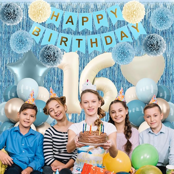 Dusty Blue 16th Birthday Party Decorations Boys Girls Beige Cream Number 16 - Image 3