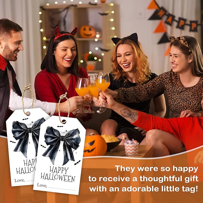 50 Pcs Halloween Tags with String, 2.1"×3.5" Bowknot Paper Gifts Tags, Bat - Image 7