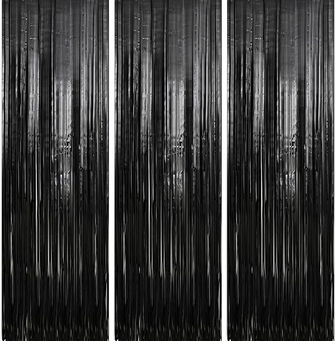 Crosize 7 Pack 3.3 x 9.9 ft Black Foil Fringe Backdrop Curtain, Streamer by Crosize