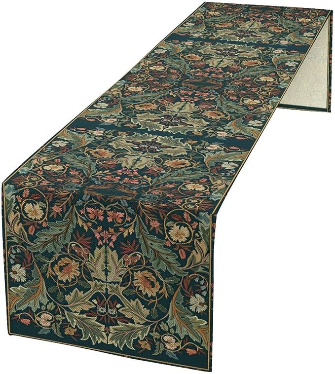 Green Morris Floral Table Runner, Boho Rustic Country Farmhouse Teal Red Rose by Unknown