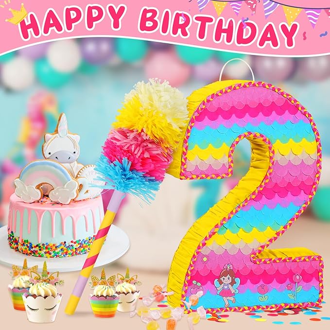 Number 2 Pinata for Birthday Party Decorations, Unicorn Mermaid Theme Pink - Image 2