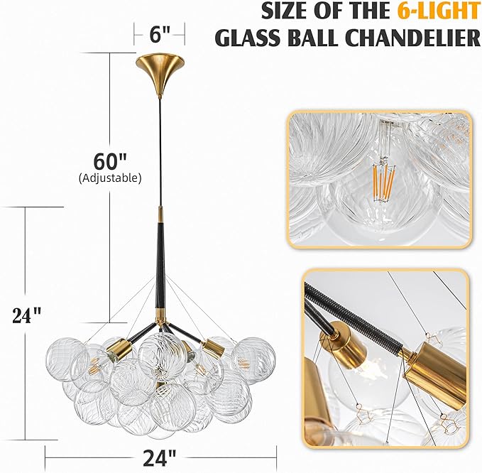 Modern Bubble Ball Swirled Glass Chandelier, Dia 24 inch Black and Clear Globe - Image 2