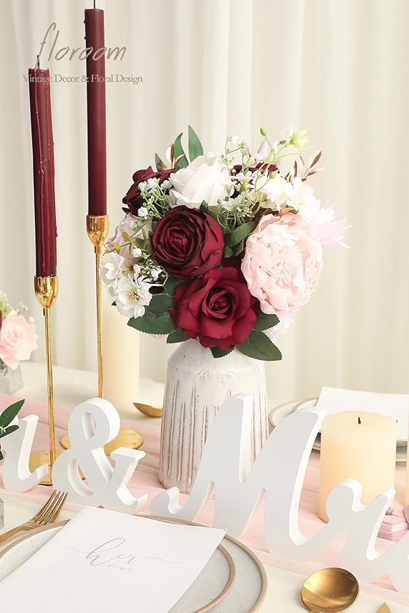 Floroom Blush Burgundy Artificial Flowers Dark Red Fake Roses Peonies Dahlia - Image 2